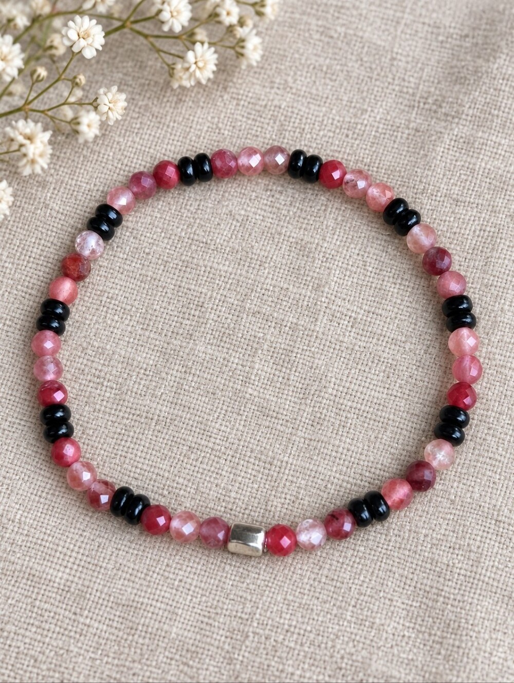 Strawberry Quartz & Black Obsidian Beaded Stretch Bracelet | Handmade